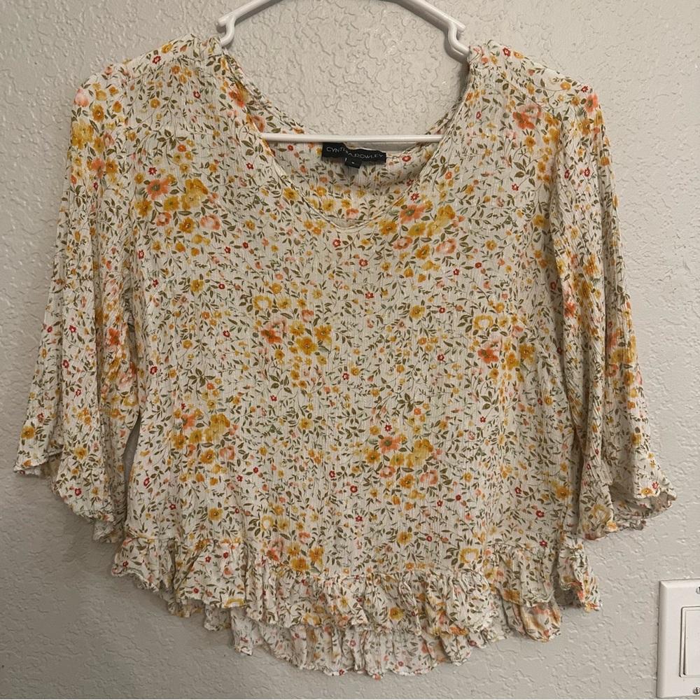 Cynthia Rowley Yellow Floral Crop Blouse Long Sleeve Size S